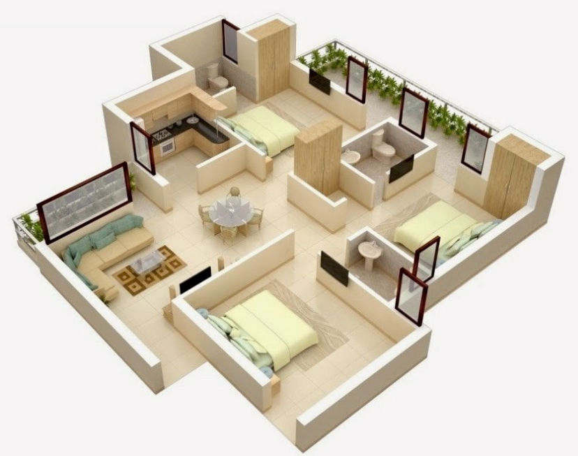 Contoh Gambar Desain Denah rumah 3 kamar