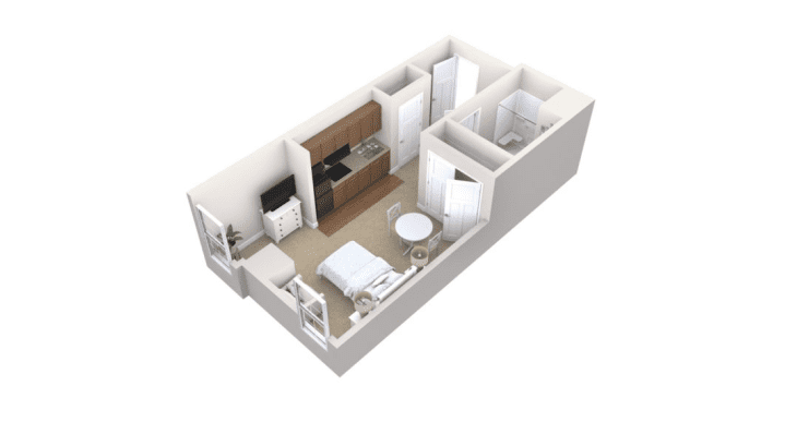 Denah 1 kamar tidur yang menyatu dengan dapur dan ruang tamu