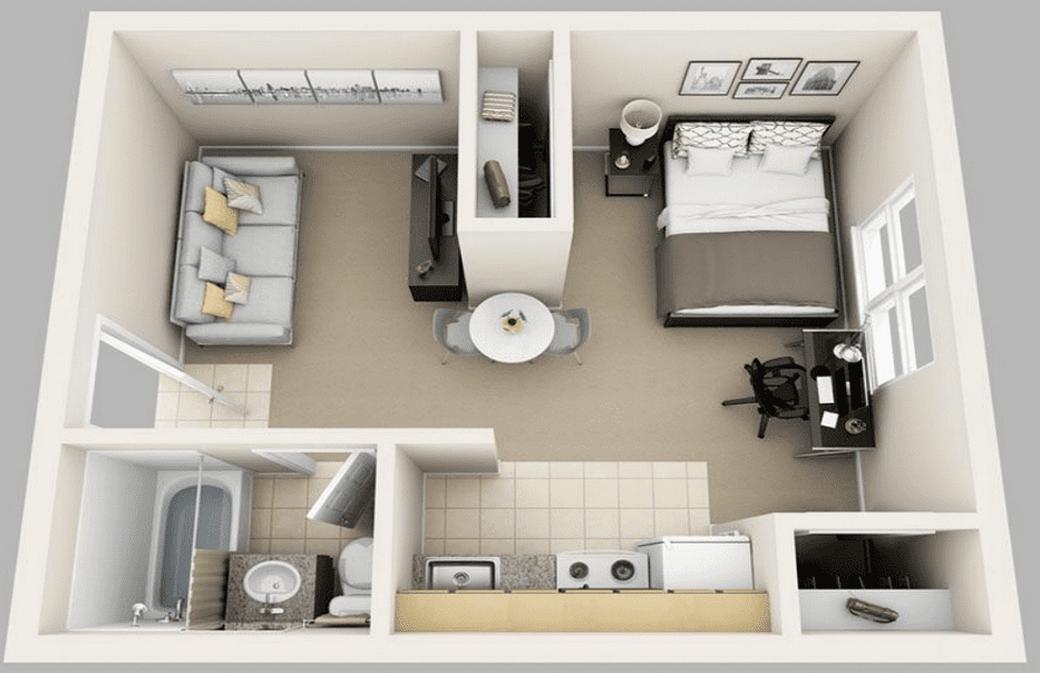 Denah 1 kamar tidur yang menyatu dengan dapur