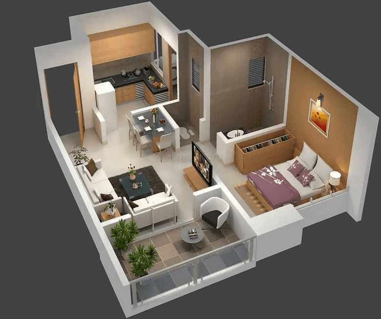 Denah 1 kamar tidur dibalik ruang tamu