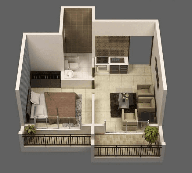 Denah 1 kamar tidur di samping kamar mandi