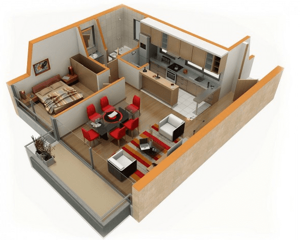 Denah 1 kamar tidur di samping ruang makan