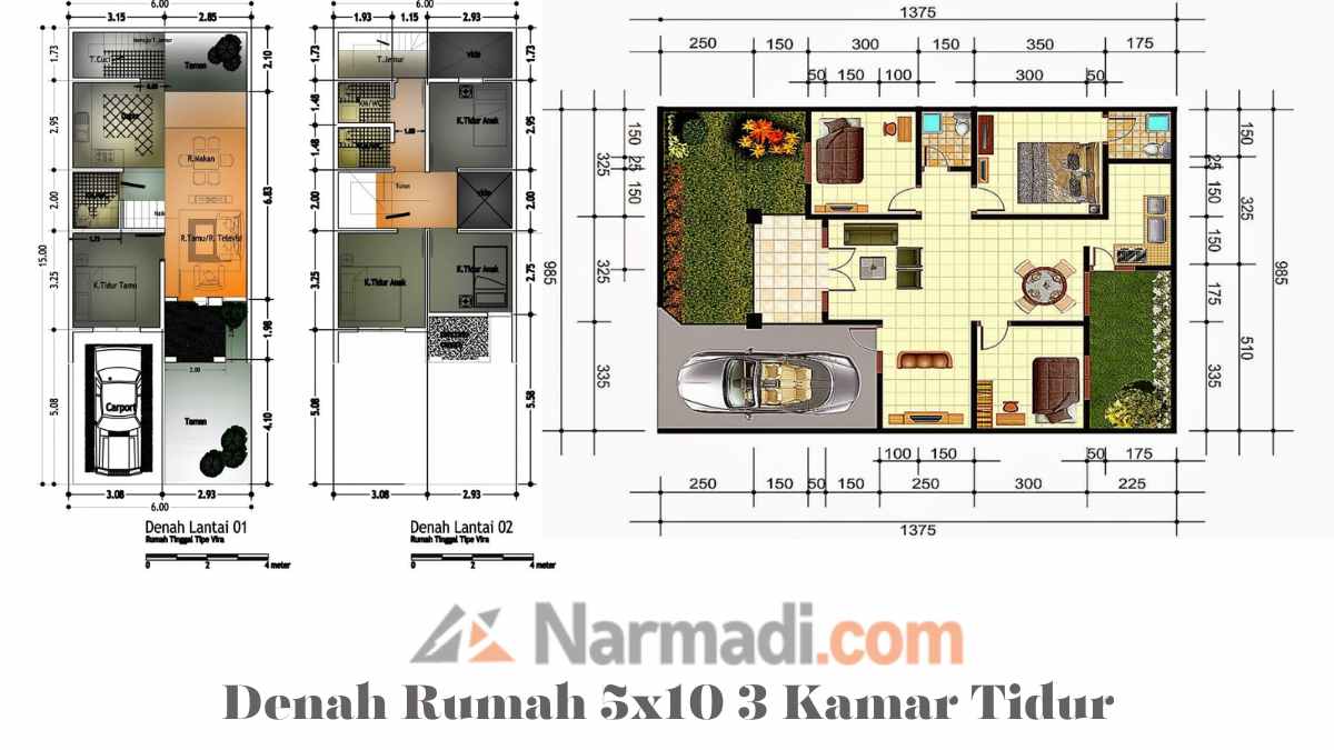 Denah Rumah 5x10 dengan 3 Kamar Tidur
